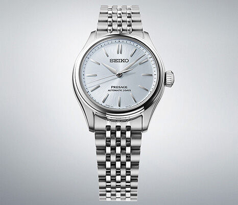Seiko Presage ladies’ watch with ice-blue textured dial and applied hour markers on a silver stainless steel bracelet
